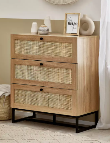 Oak Effect and Rattan Chest of 3 drawers with black metal legs