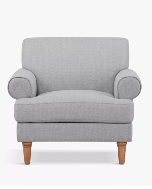Light Grey Armchair with classic scroll arm and light wood legs / John Lewis Scroll II