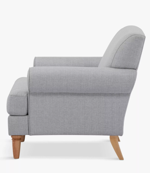 Light Grey Armchair with classic scroll arm and light wood legs / John Lewis Scroll II