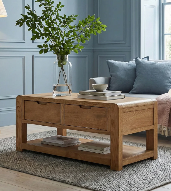 Rustic Oak Coffee Table with Storage Drawers and Shelf