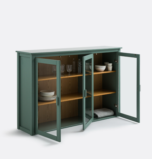 Green and Wood Low Display Cabinet with glass doors / Sideboard