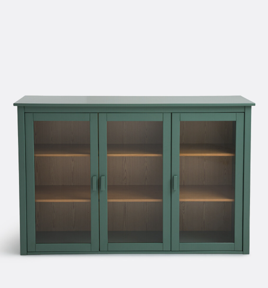 Green and Wood Low Display Cabinet with glass doors / Sideboard