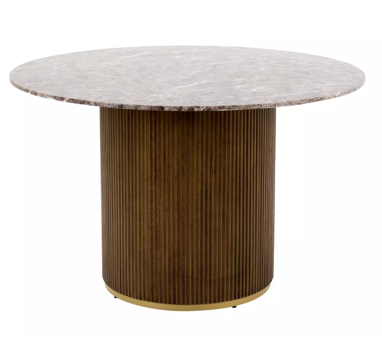 Round Brown Marble Look and Ribbed Base Dining Table