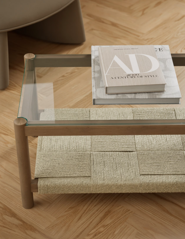 Solid Wood, Glass and Woven Rope Coffee Table with Storage Shelf