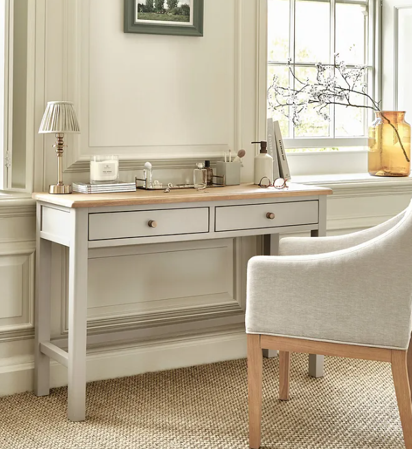 Grey and Solid Oak Large Console Table with 2 drawers / Desk / Vanity Dressing Make Up Table