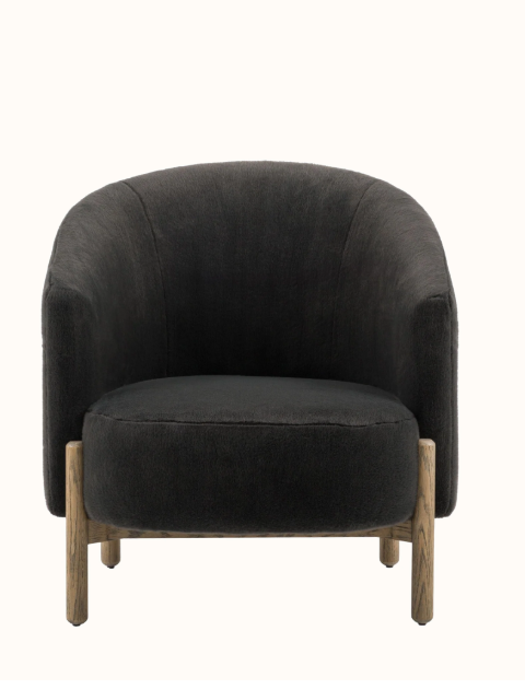 Dark Grey Graphite and Light Oak Wood Armchair / Long Pile Velvet