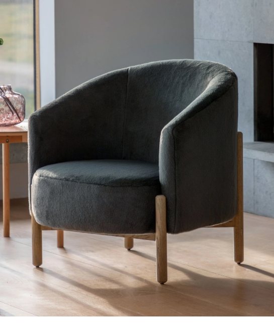 Dark Grey Graphite and Light Oak Wood Armchair / Long Pile Velvet