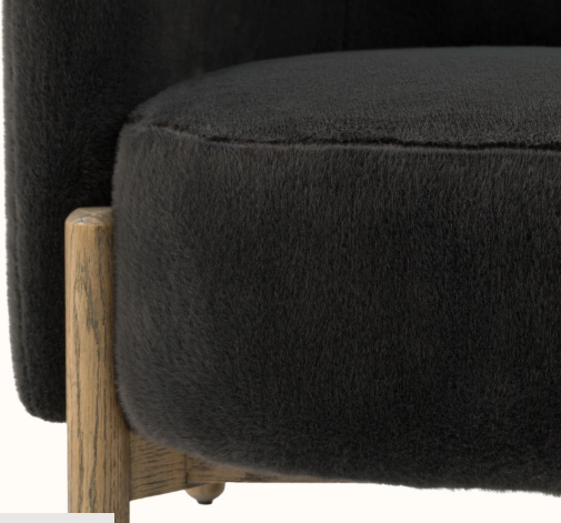 Dark Grey Graphite and Light Oak Wood Armchair / Long Pile Velvet