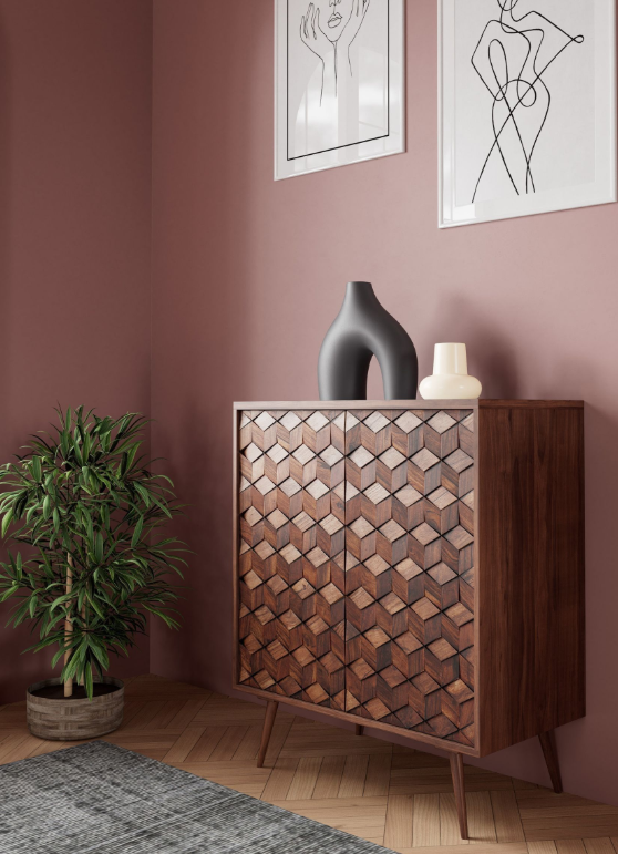 Dark Solid Wood High Cabinet with Tray Top and   textured wood tiles doors / Swoon