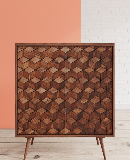 Dark Solid Wood High Cabinet with Tray Top and   textured wood tiles doors / Swoon