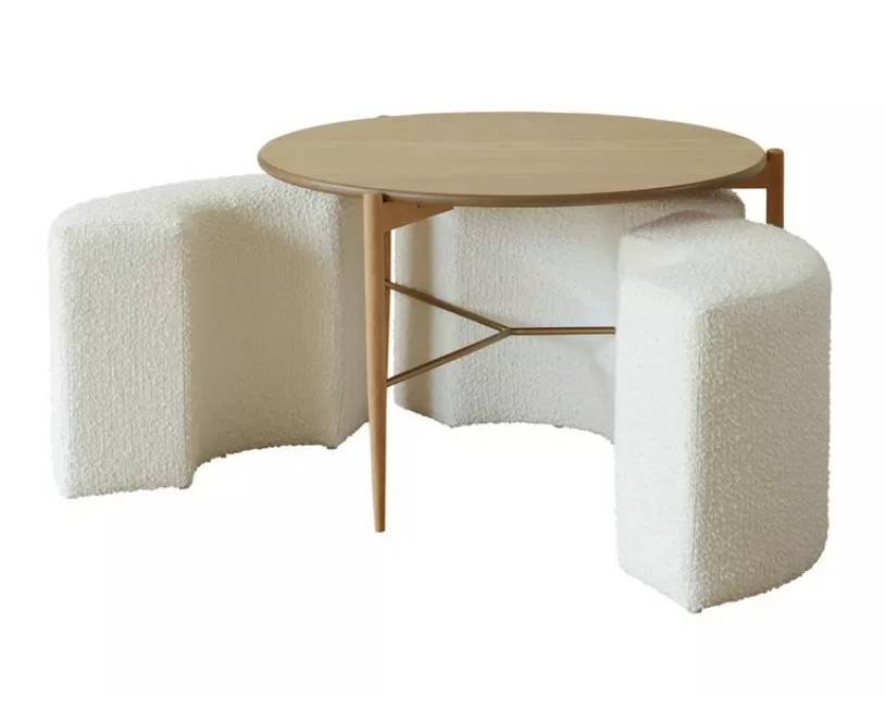 Coffee Table with 3 white boucle stool