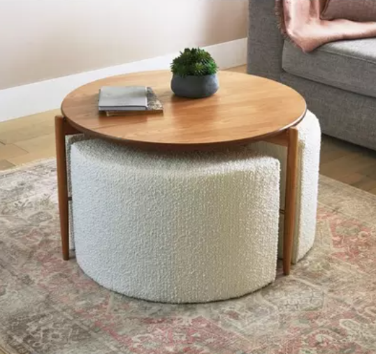 Coffee Table with 3 white boucle stool