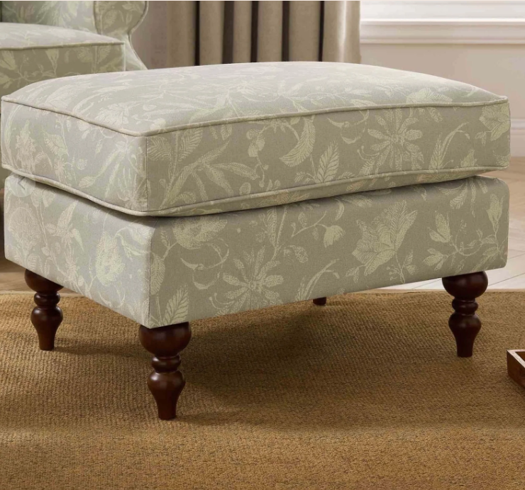 Light Sage Floral Print and Dark wood legs footstool ottoman