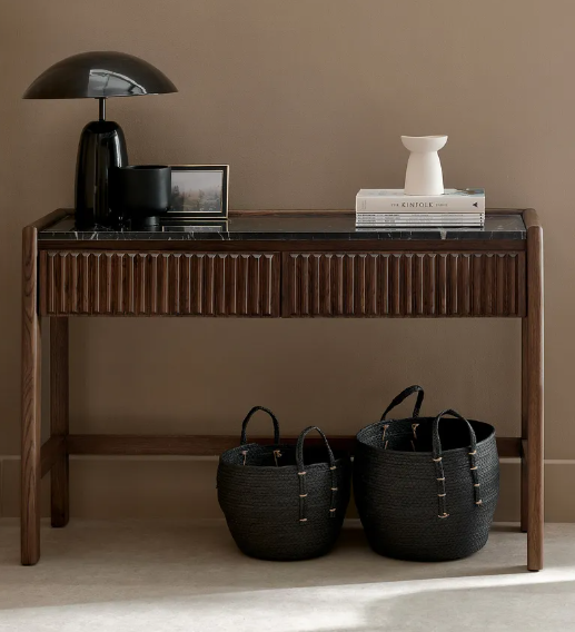 Solid oak and black marble console table / vanity desk / Ribbed front