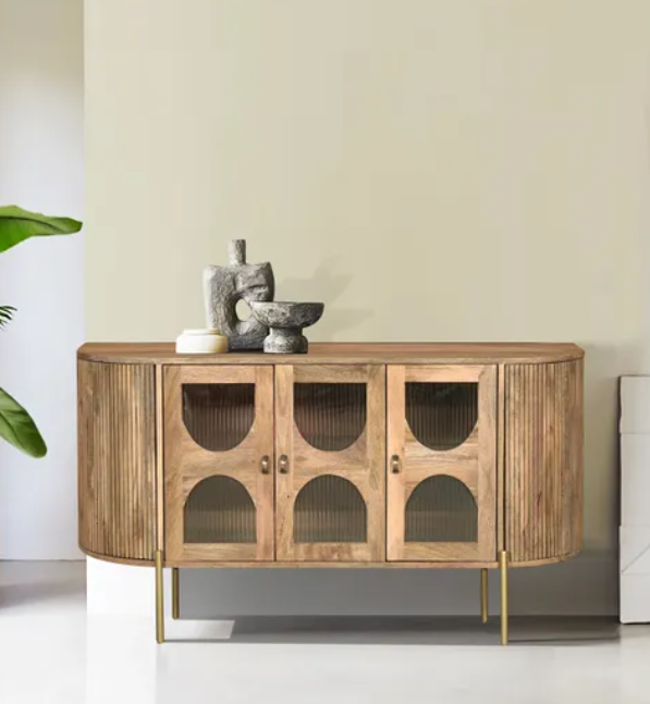 Solid Mango Wood Sideboard with 3 Glass Ribbed Doors