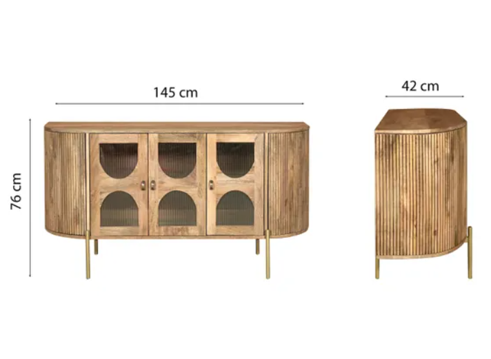 Solid Mango Wood Sideboard with 3 Glass Ribbed Doors