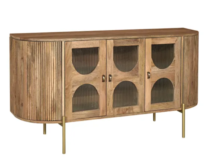 Solid Mango Wood Sideboard with 3 Glass Ribbed Doors