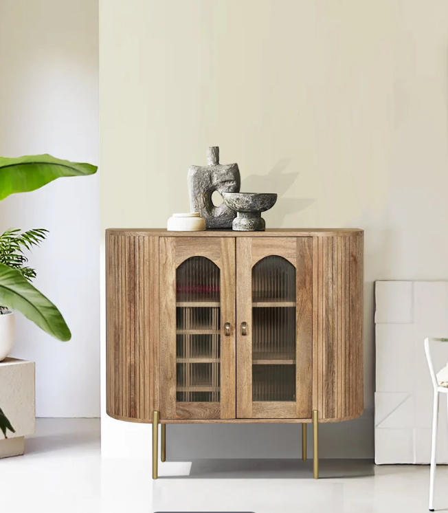 Solid Mango Wood Drink Cabinet with 2 Glass Ribbed Doors