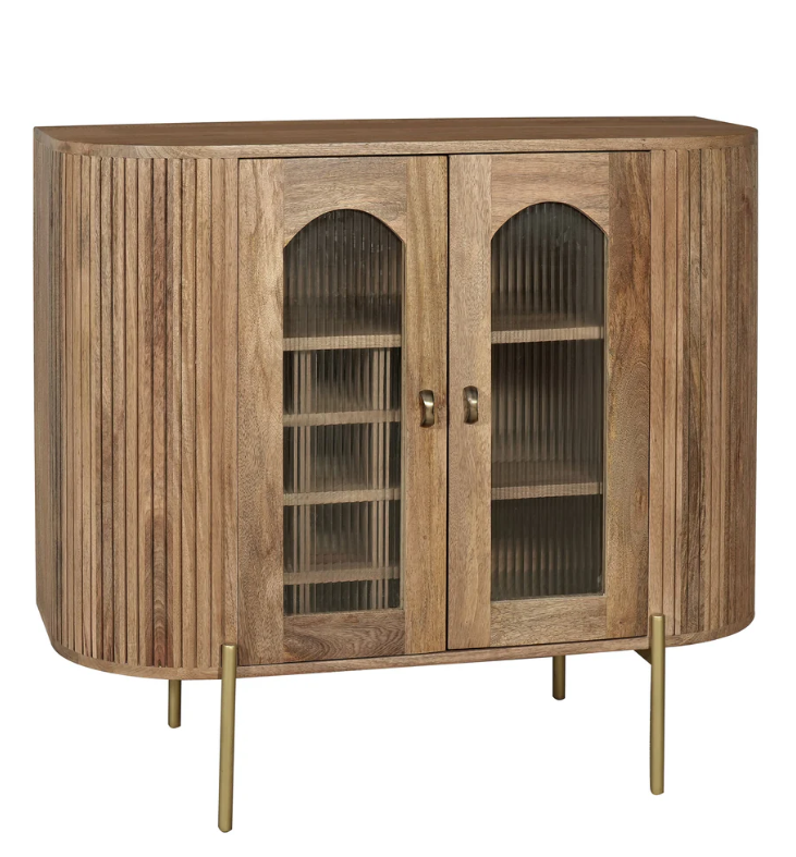 Solid Mango Wood Drink Cabinet with 2 Glass Ribbed Doors