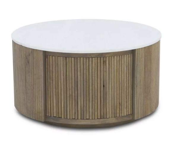 Round Solid Wood and White Marble Storage Coffee Table / Ribbed Base