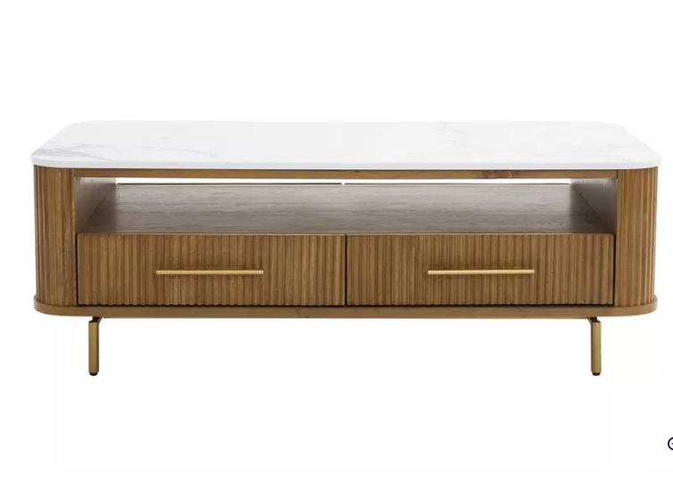 Solid wood ribbed coffee table with drawers and white marble top