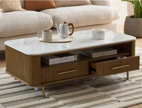 Solid wood ribbed coffee table with drawers and white marble top