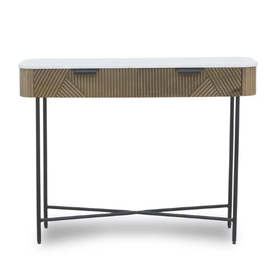 Solid Oak and White Marble Console Table with Drawers