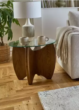 Round Side Table Solid Dark Oak wood and Glass Top