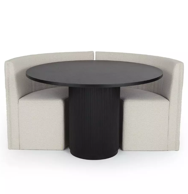 Round Dining Set- Black Ribbed Base Base Dining Table and 4 Olive Green Velvet Chairs / Curved Round Bench
