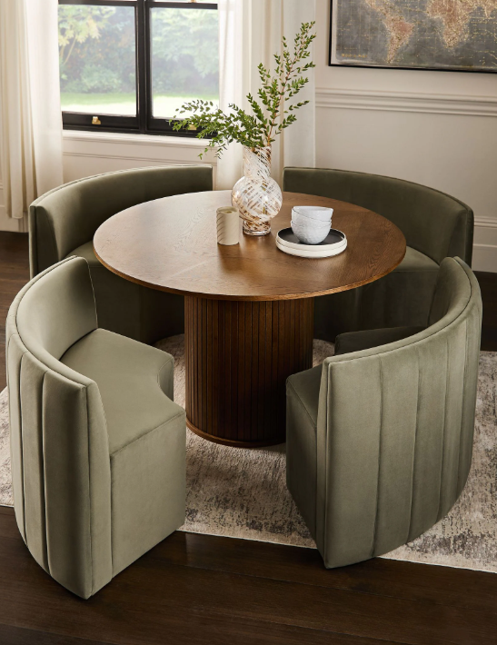 Round Dining Set- Black Ribbed Base Base Dining Table and 4 Olive Green Velvet Chairs / Curved Round Bench