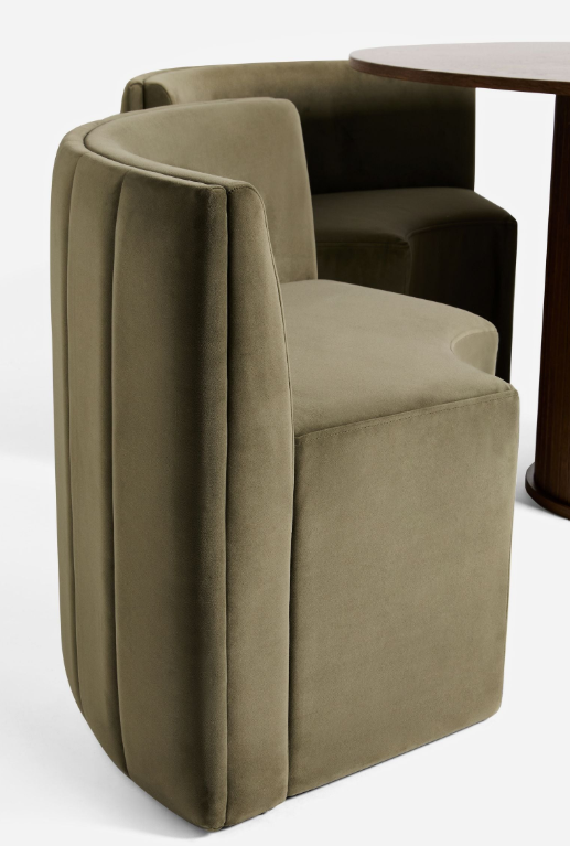 Round Dining Set- Black Ribbed Base Base Dining Table and 4 Olive Green Velvet Chairs / Curved Round Bench