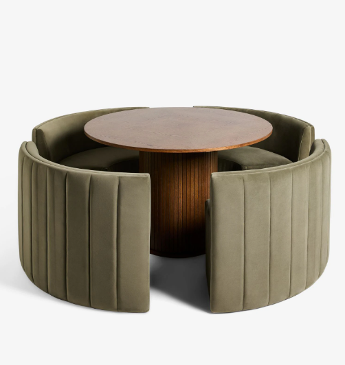 Round Dining Set- Black Ribbed Base Base Dining Table and 4 Olive Green Velvet Chairs / Curved Round Bench