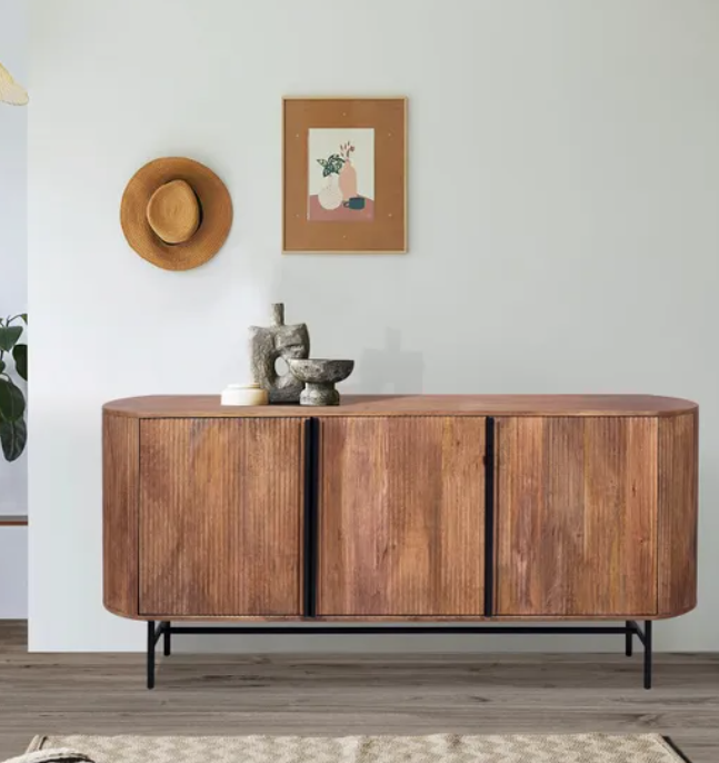 Large Solid Mango Wood Sideboard with 3 doors / Oval Shaped, Grooved Ribbed Wood