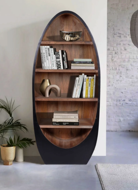 Solid Mango Wood Oval Bookshelf with Black Frame
