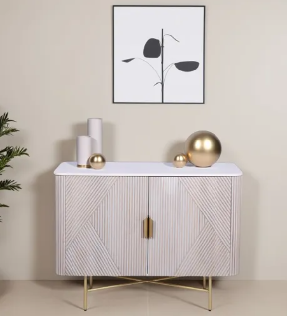 White Marble and Solid Wood Ribbed Door Grey Cabinet / Small Sideboard