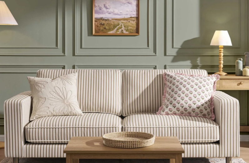 3 Seater White and Beige Stripes Sofa