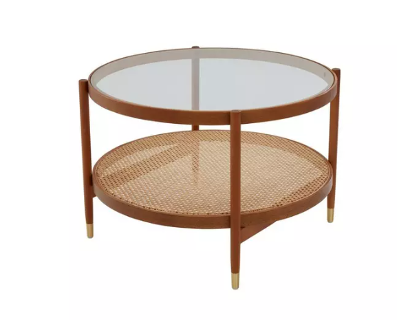 Large Round Dark Oak Coffee Table with Glass top and Storage Rattan Shelf