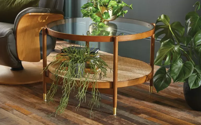 Large Round Dark Oak Coffee Table with Glass top and Storage Rattan Shelf