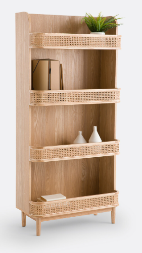 High Oak and Rattan Bookcase / Shelving Unit