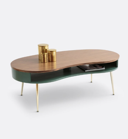 Retro Kidney Shaped Coffee Table - Walnut, Green and Brass Legs