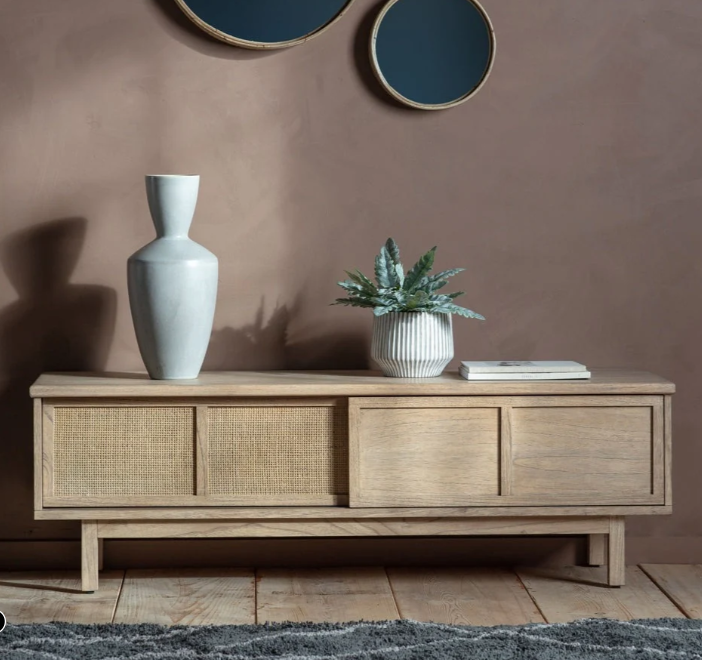 Grey Wood Japandi Style Sliding doors TV Stand 140cm