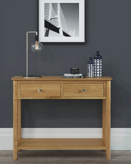Oak Console Table with 2 Drawers and Shelf - 100cm