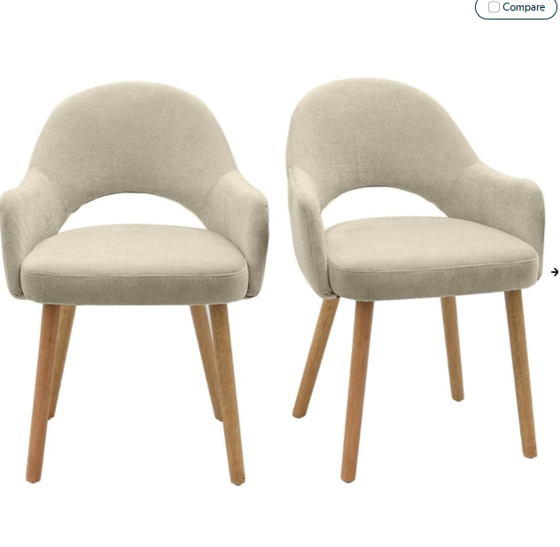 Beige Chenille Dining Chairs with Arms and Oak Legs, Set of 2