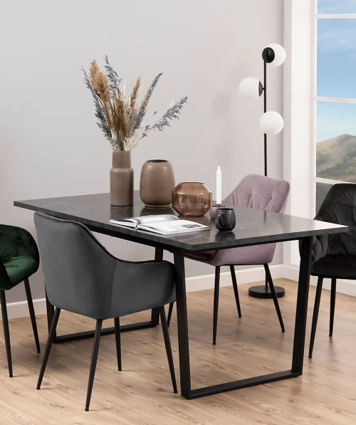 Black Marble Effect Dining Table with Black Metal U Legs, 6 Seater 160cm
