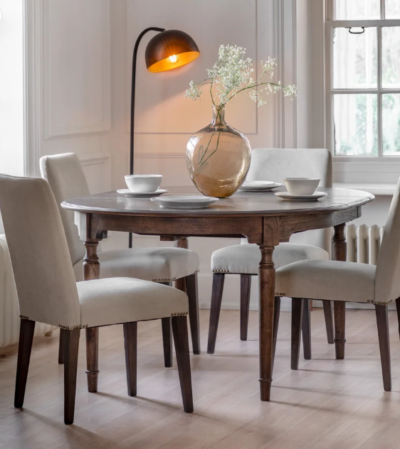 Round Extending Dining Table with Marquetry Top and Turned Legs, Dark Coffee | Madison