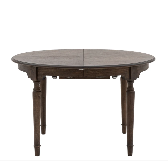 Round Extending Dining Table with Marquetry Top and Turned Legs, Dark Coffee | Madison