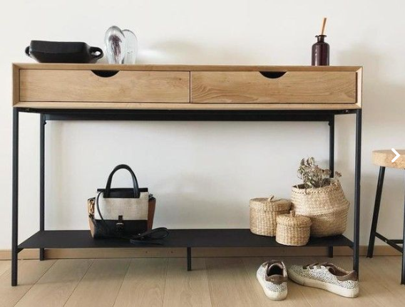 Oak and Black Metal Console Table with shelf and drawers / La Redoute Mambo