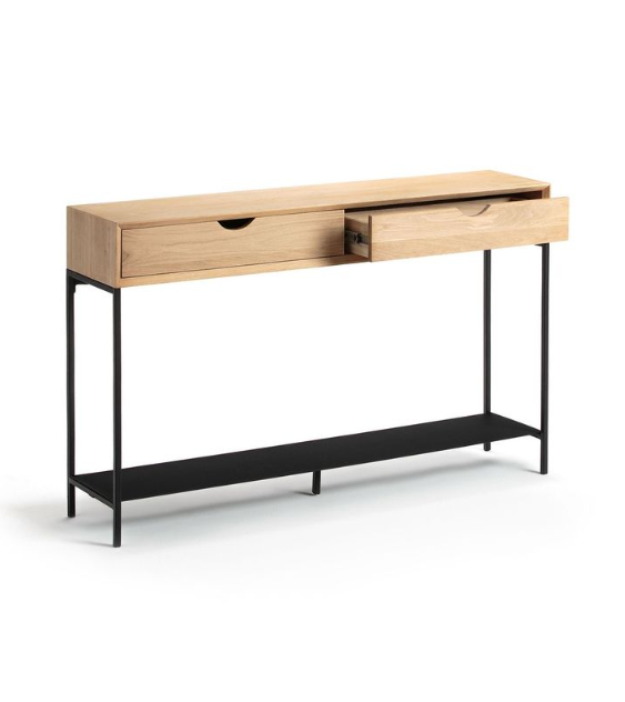 Oak and Black Metal Console Table with shelf and drawers / La Redoute Mambo