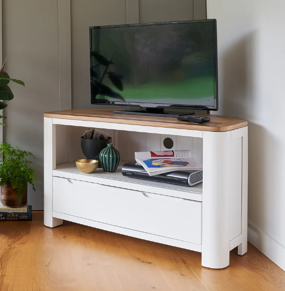 Corner TV Unit Chalk White and Oak / Oak Furniture Land Hove RRP £399