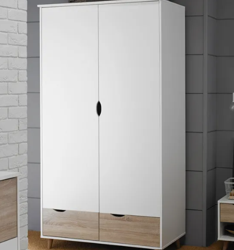 White and wood effect double wardrobe with drawers, hanging rail and shelf